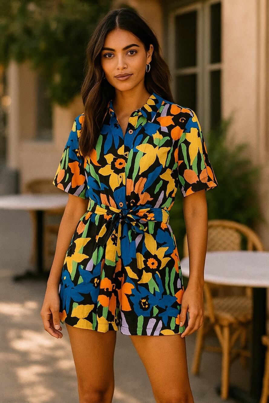 Roxy Short Sleeve Belted Jumpsuit Bold Floral Print Artsy Retro Style Size XS